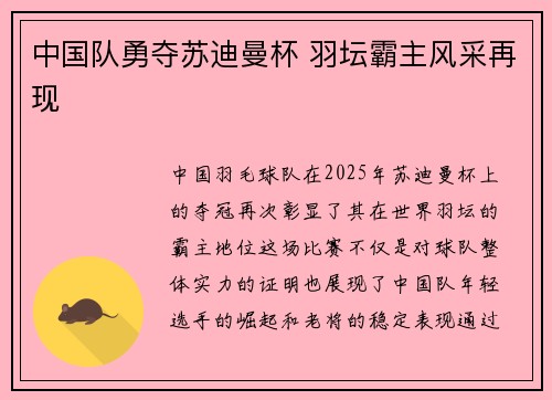 中国队勇夺苏迪曼杯 羽坛霸主风采再现