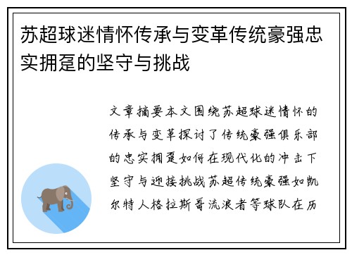 苏超球迷情怀传承与变革传统豪强忠实拥趸的坚守与挑战